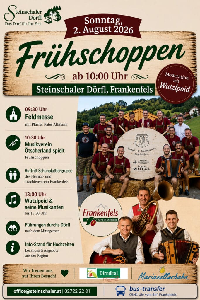 Flyer Frühschoppen im Steinschaler Dörfl Frankenfels am 2. August
