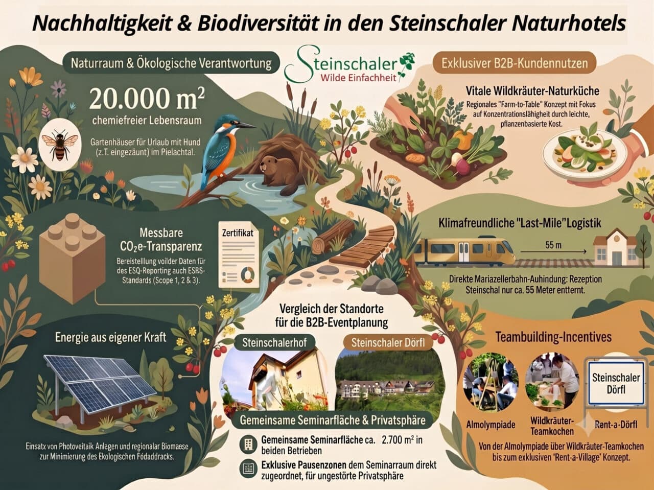 Infografik Nachhaltigkeit & Biodiversität in den Steinschaler Naturhotels